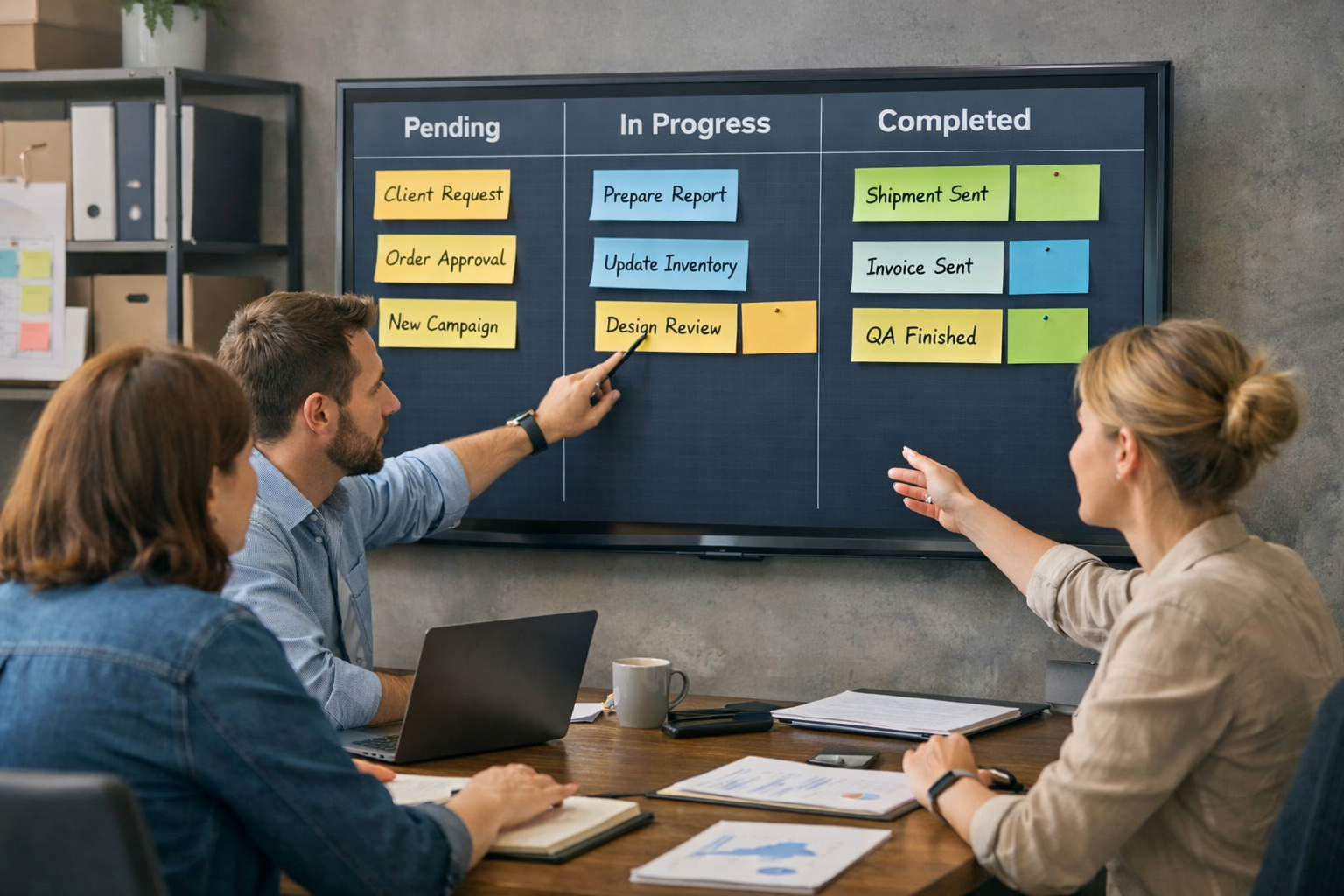 Team reviewing a shared task board to manage daily task assignments and track work progress in a growing business
