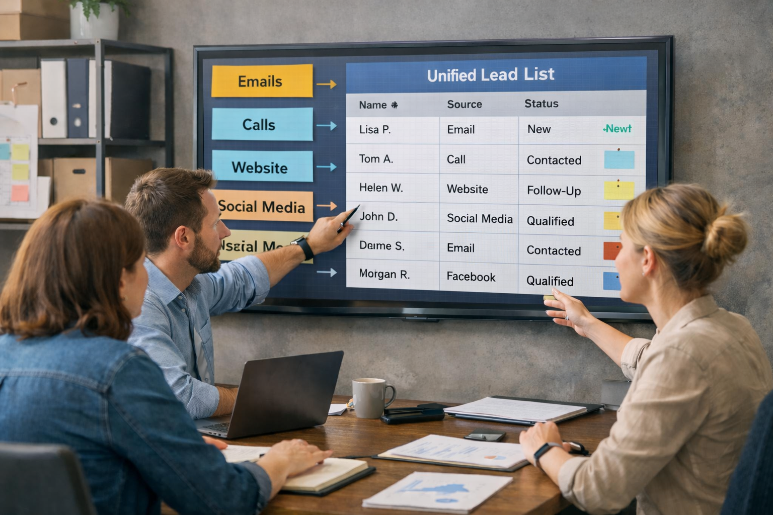 Team reviewing multiple lead sources and consolidating enquiries into a single lead management workflow